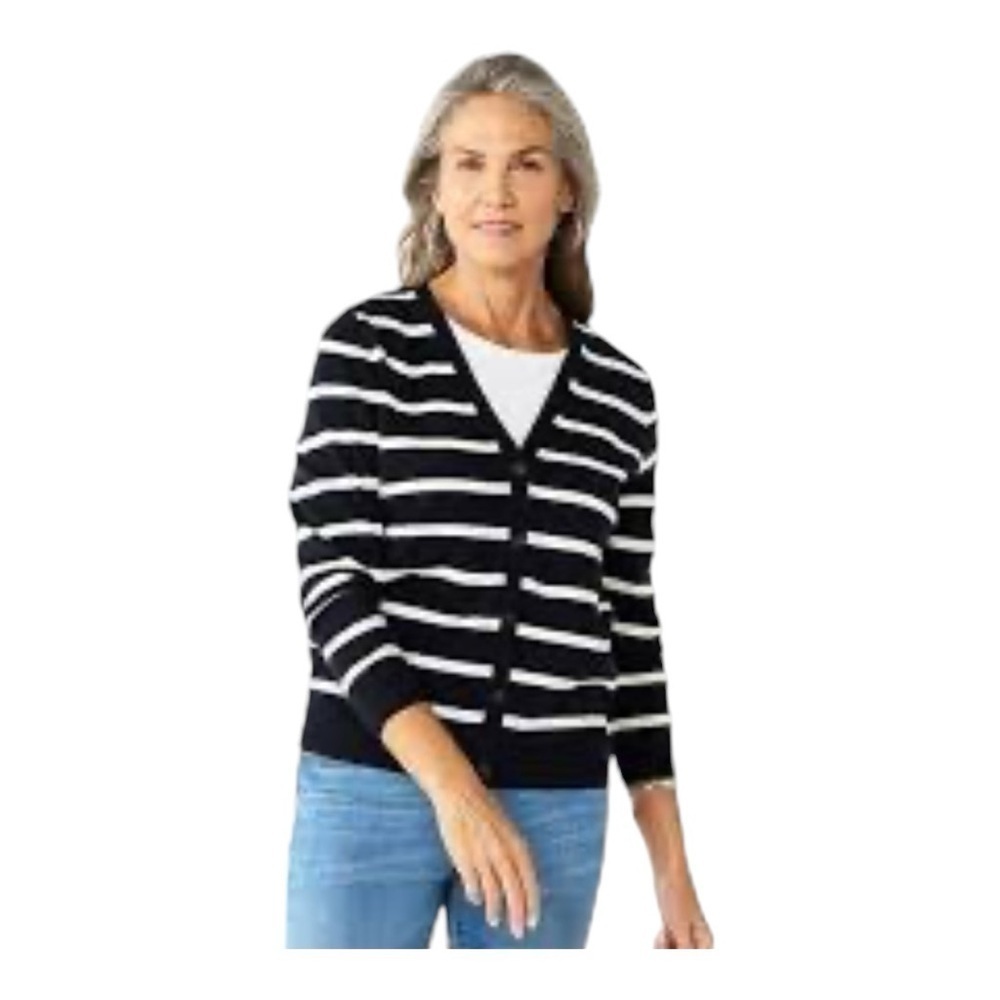 CROFT & BARROW, WOMENS, BLACK & WHITE STRIPE, BUTTON DOWN CARDIGAN. SIZE XL